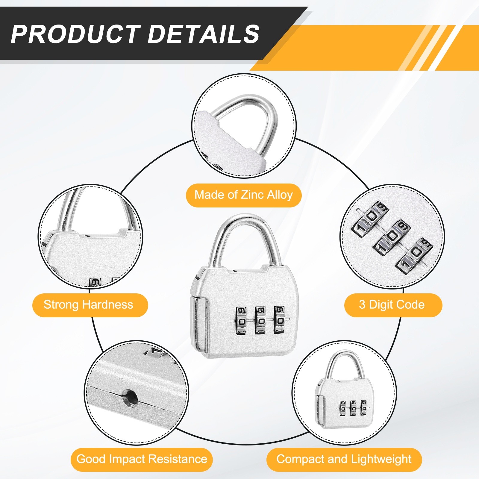 3Pcs Resettable 3 Digit Combination Lock Code Padlock, Silver (47 x 36mm)