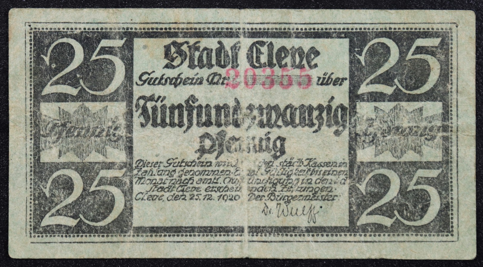 CLEVE / KLEVE 1920 XX-RARE Blue-Green! 25 Pfennig Complete German Notgeld
