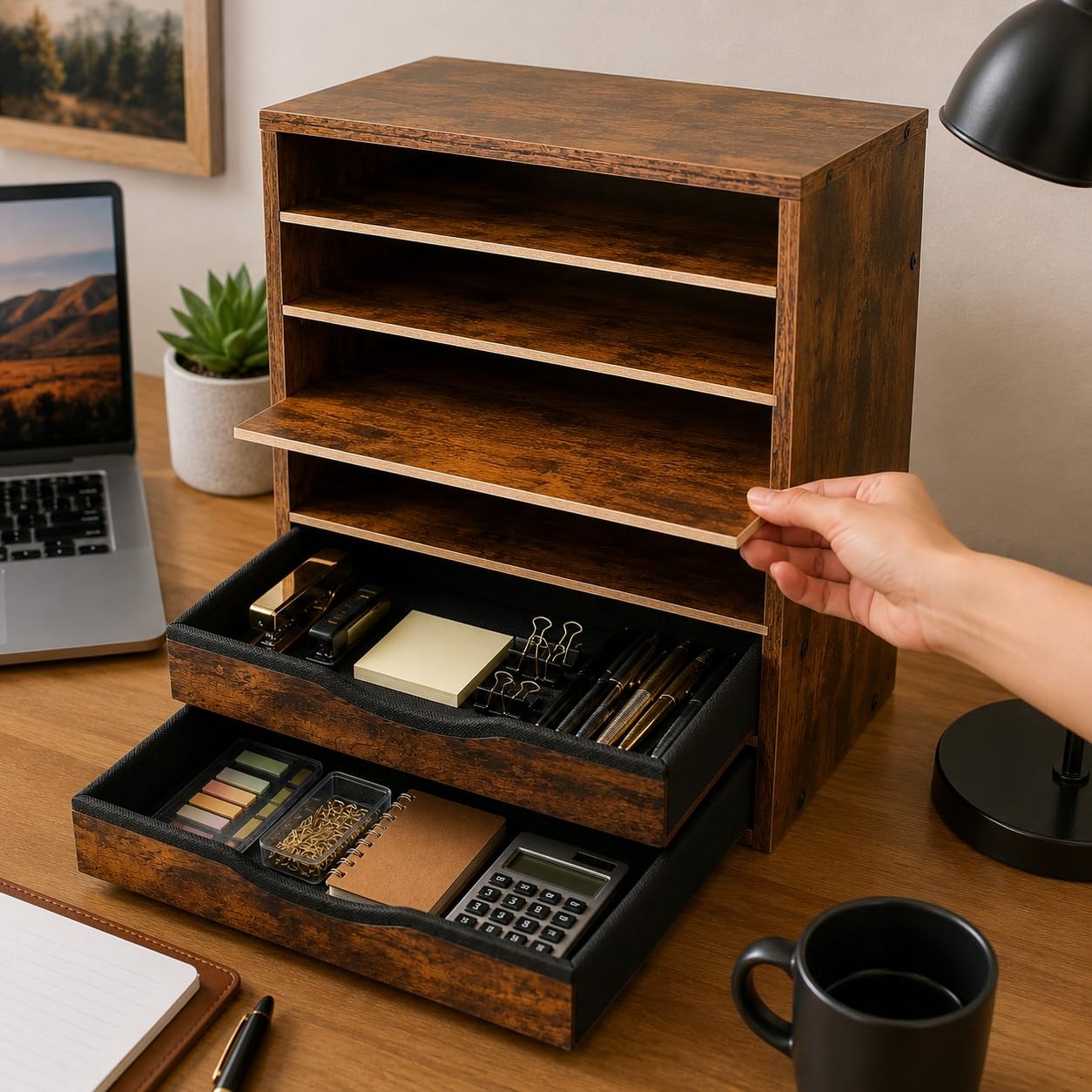 Wooden Desk Organizer with Drawers, 6 Tier Adjustable Paper & File Storage Or...