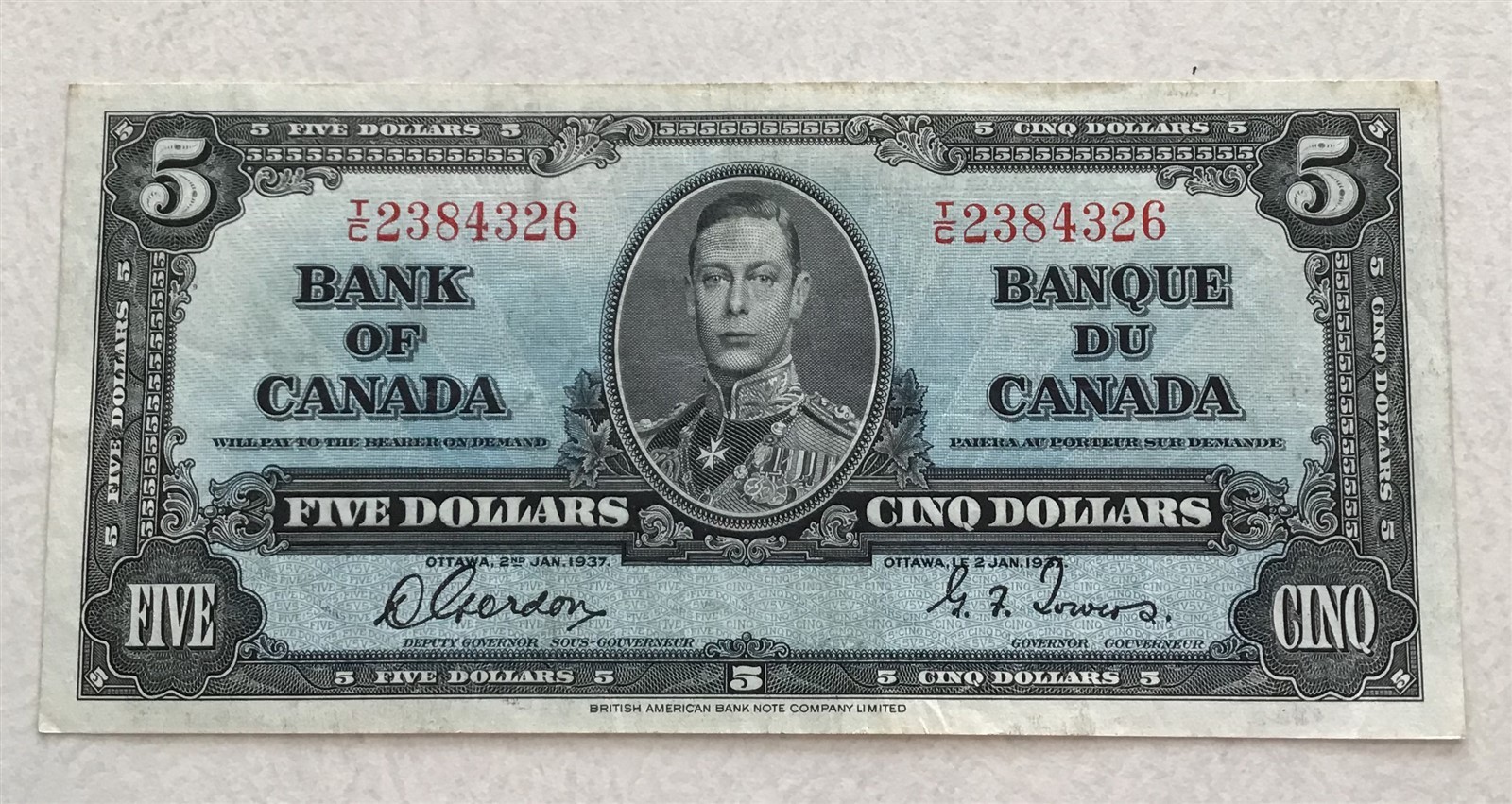 Canada 1937 5 Dollars $5 notes. Gordon/Towers Ch AU RC0353 combine shipping