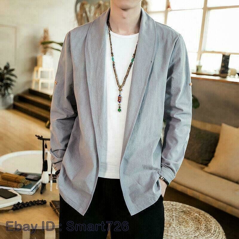 Men Japanese Retro Jacket Cotton Linen Casual Chinese Style Top Cardigan Coat