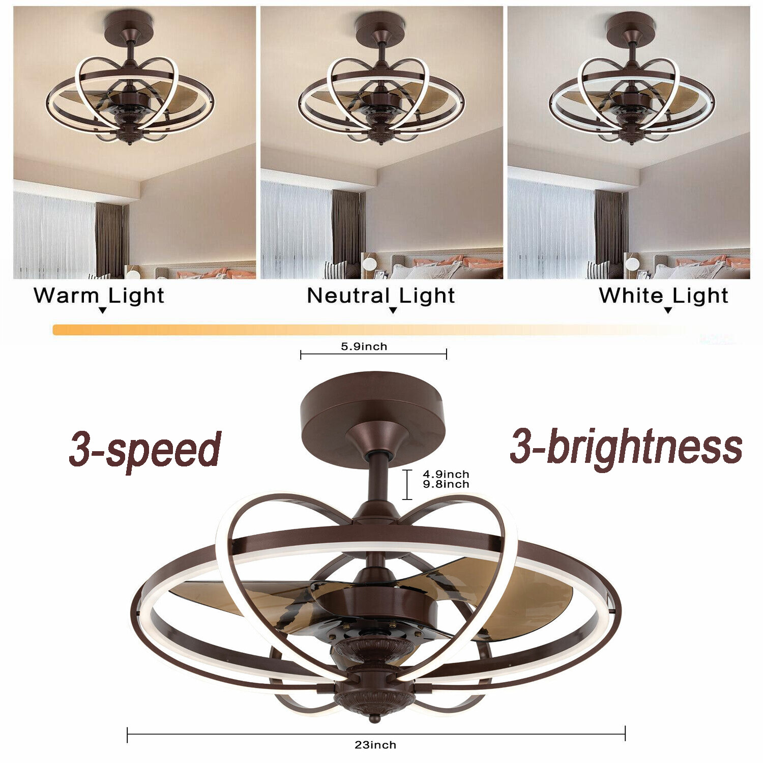 Modern Ceilling Fans Lighting 3-color Dimmable LED Chandeliers +Remote Control