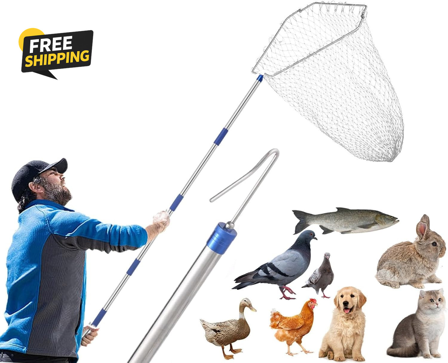 Chicken Catching Net Extendable 33-75.5in Stainless Steel Bird Catcher Net Hook