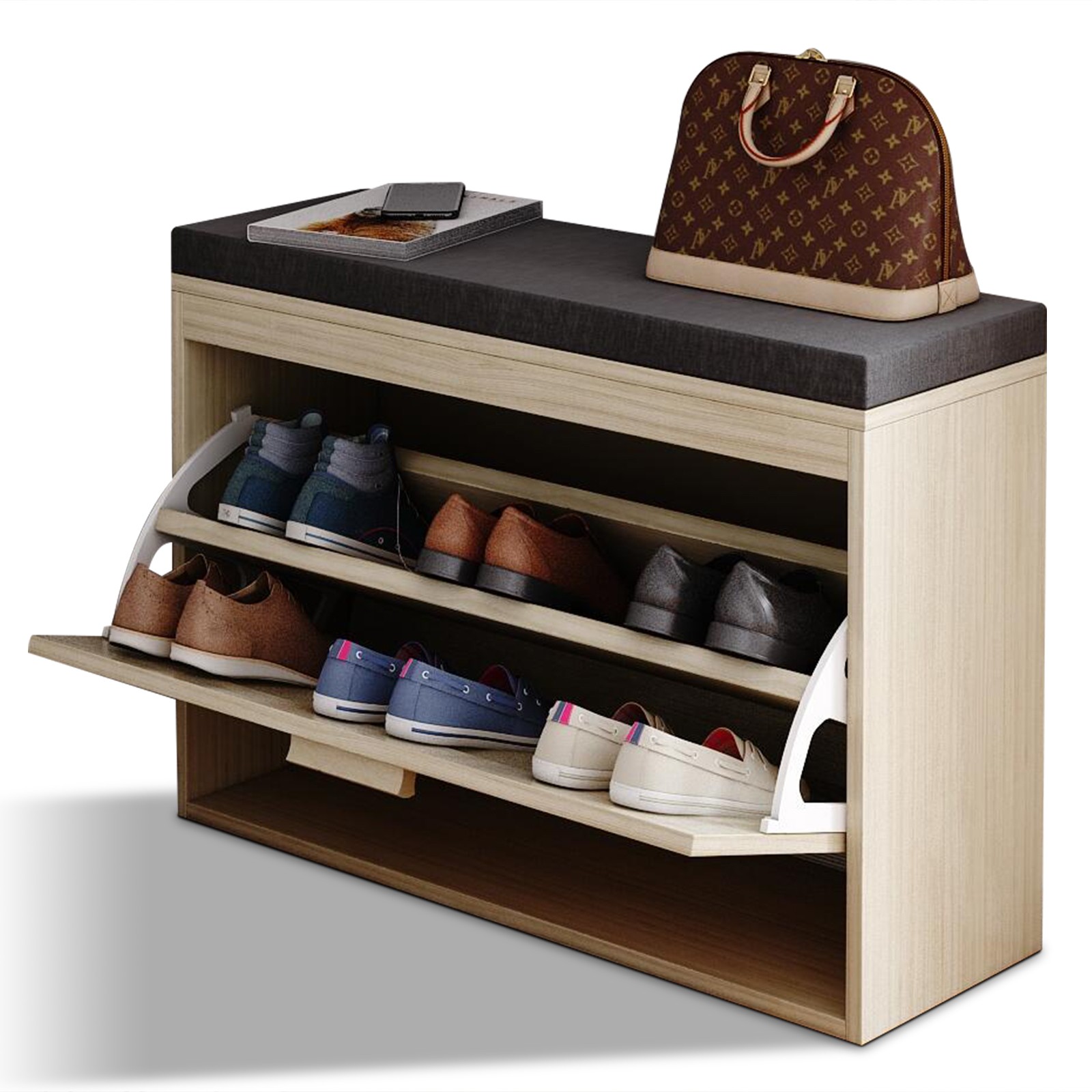 Rattan Shoe Rack, Hallway Shoe Bench,with Flip-Drawer and Seat Cushion,in stock