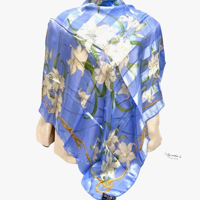 (3)Nina Ricci Paris  France Silk Scarf 100% Floral Blue Black Gold 34" (Select 1