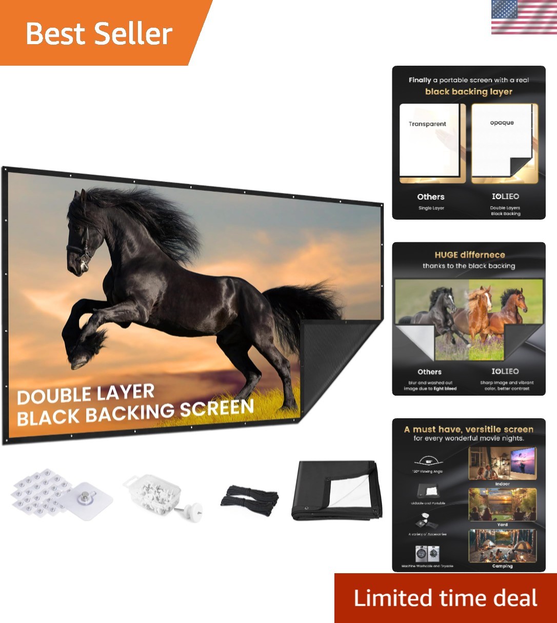 100 inch Projector Screen Upgraded- Black Backing, Straight Edges, Foldable, ...
