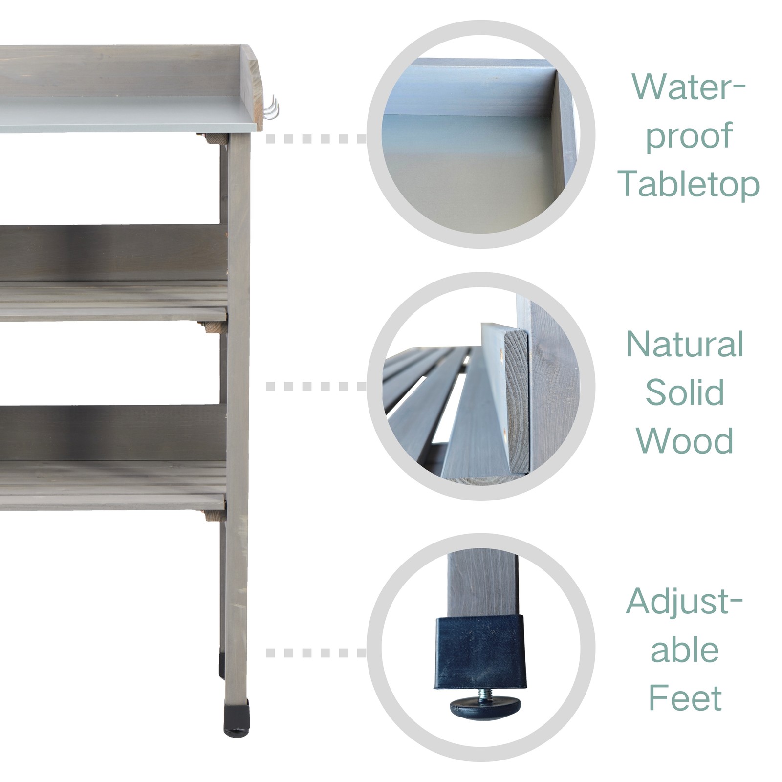 Potting Table with Metal Top, 3-Tier Solid Wood Workbench, 30.5" L