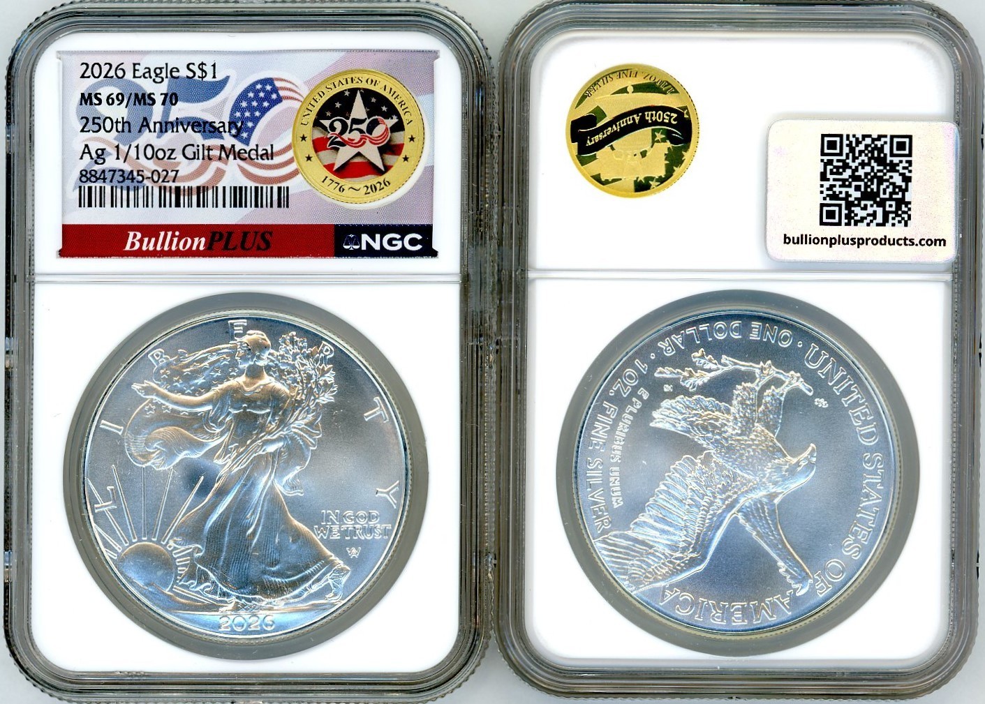 2026 $1 Eagle & 250th Anniversary Ag 1/10oz Gilt Medal MS69/MS70 NGC