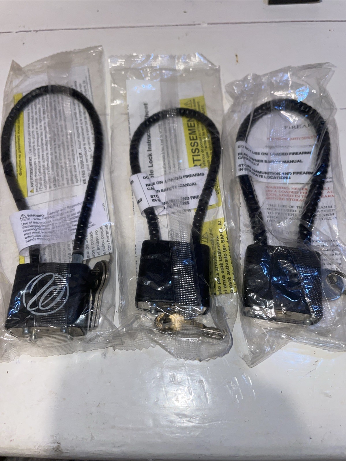 Lot of 3 Firearm Cable Locks / Gun Locks NEW/UNUSED w/2 Keys Each.