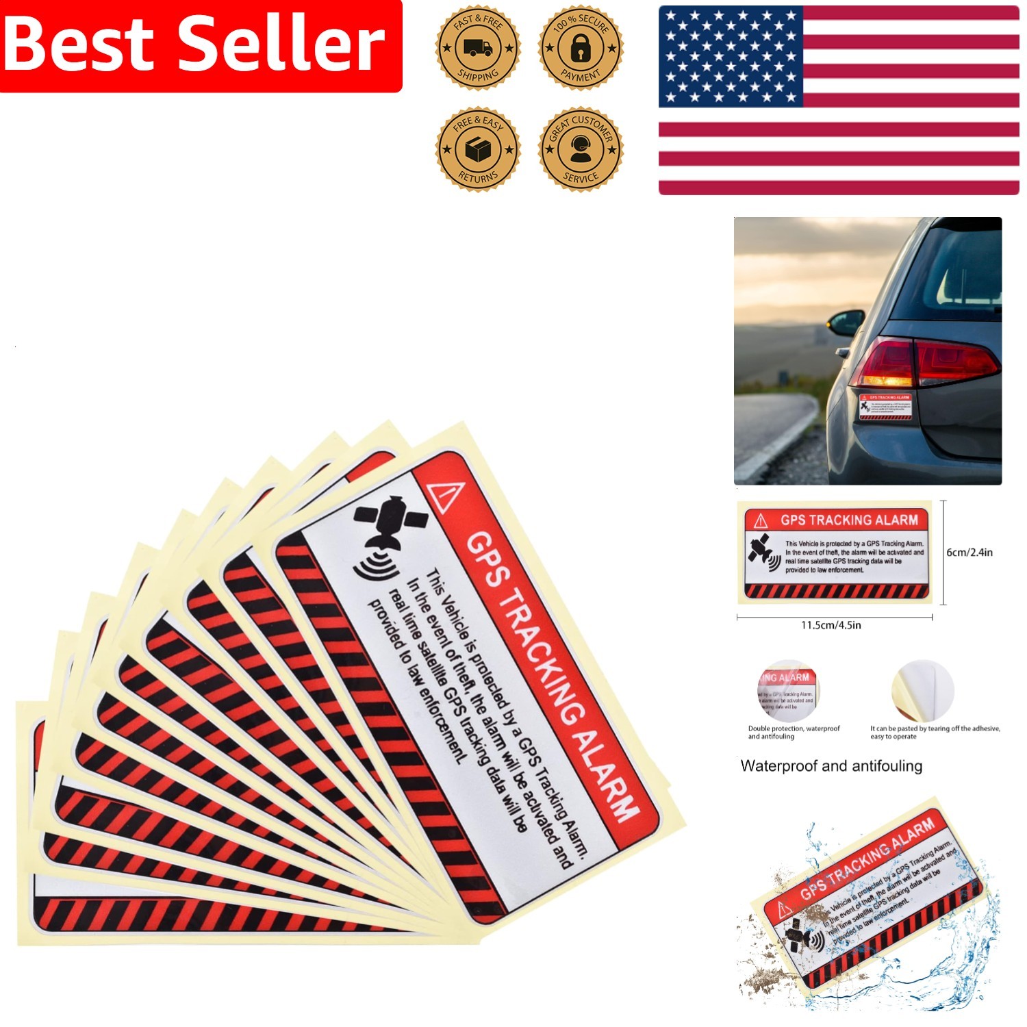 10x GPS Tracking Car Alarm Stickers - Waterproof Anti-Theft Decals
