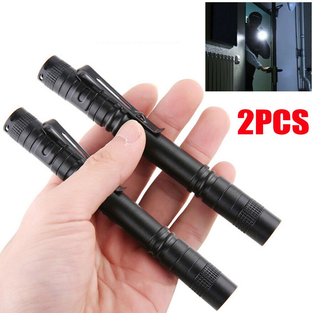 2X Mini LED Flashlight Clip White Light Penlight Pocket Portable Pen Torch Lamp