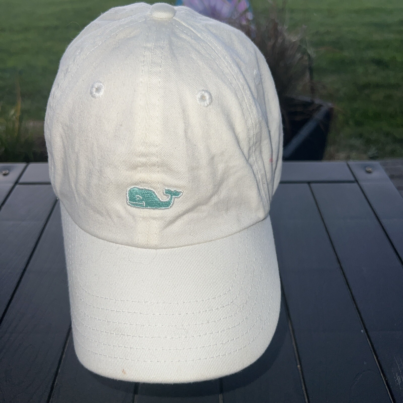 Vinyard Vines White Hat Cap with Aqua Whale Logo on Front Strap Buckle