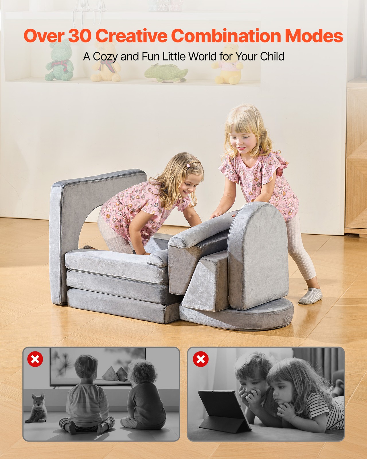 VEVOR Modular Kids Play Couch Sectional Toddler Sofa with Armrests 10 Pcs Gray