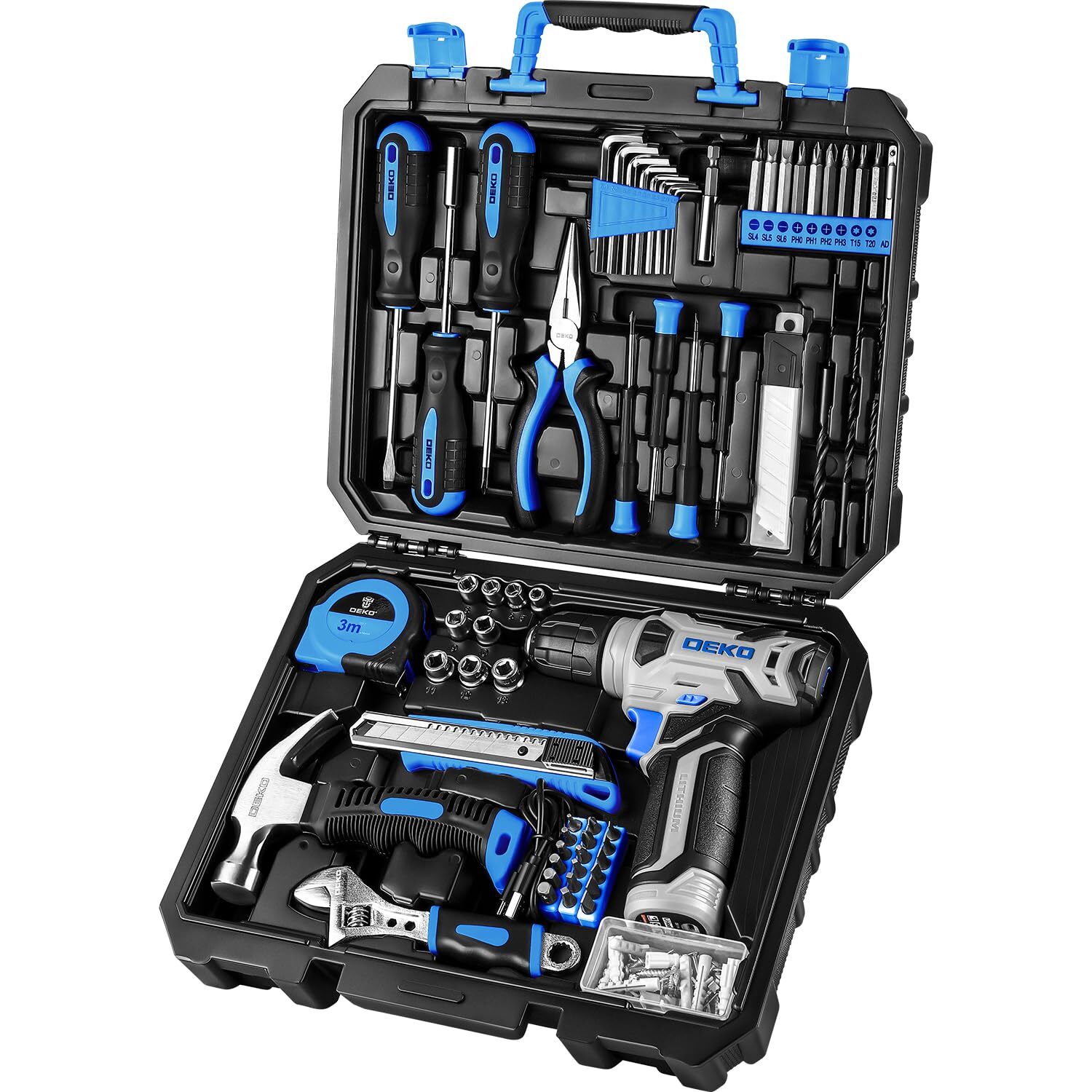 DEKOPRO Drill Set: Tool Set with 8V Blue Cordless Drill, Home Tool Kit with Dril