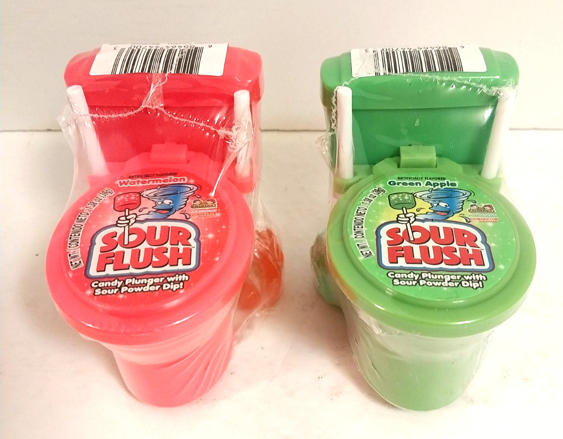 2 "New" SOUR FLUSH Kidsmania 2006 Candy Plunger with Sour Powder Dip-Watermelon+