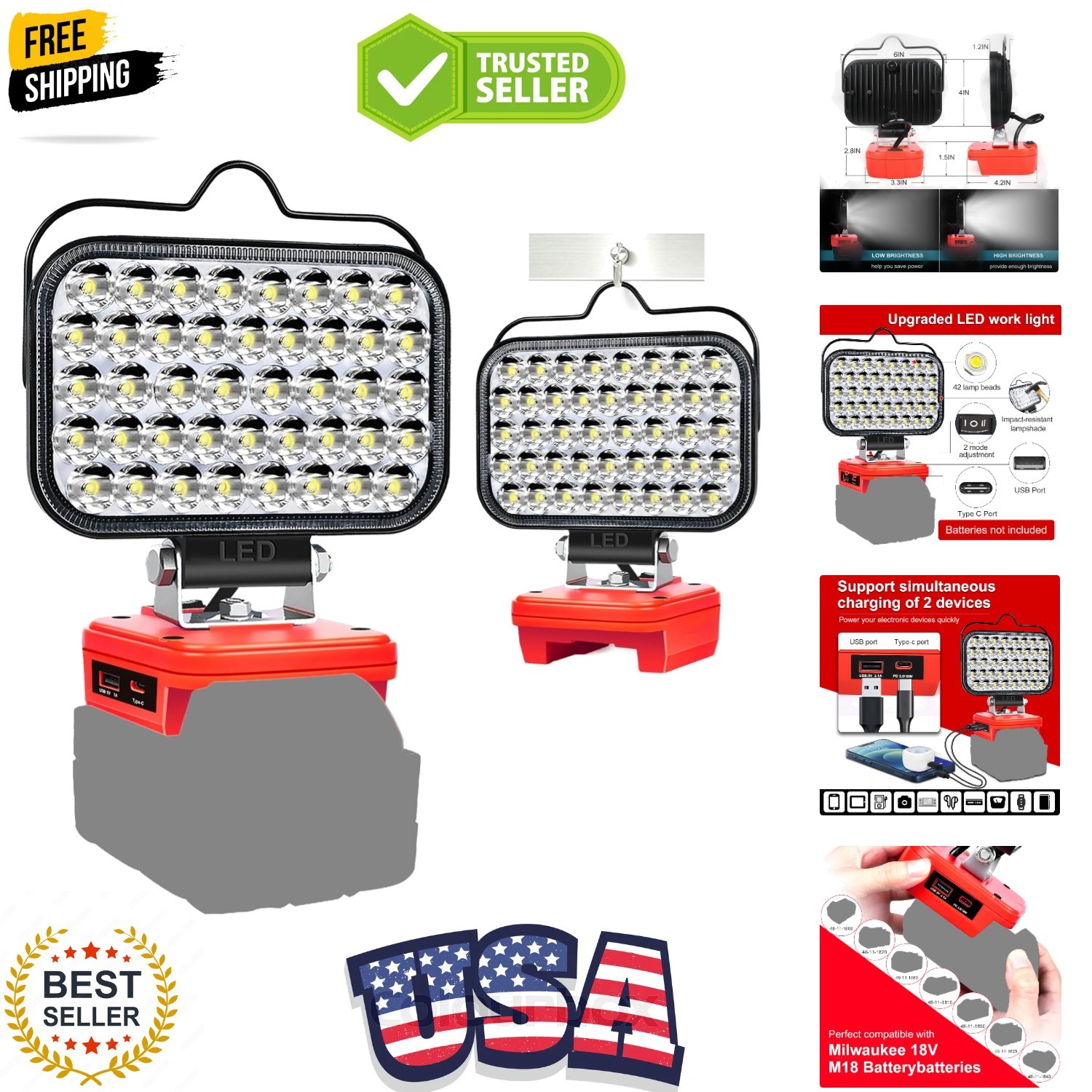 Cordless LED Work Light Compatible with Milwaukee18V m18 Battery, 90W 7000LM ...
