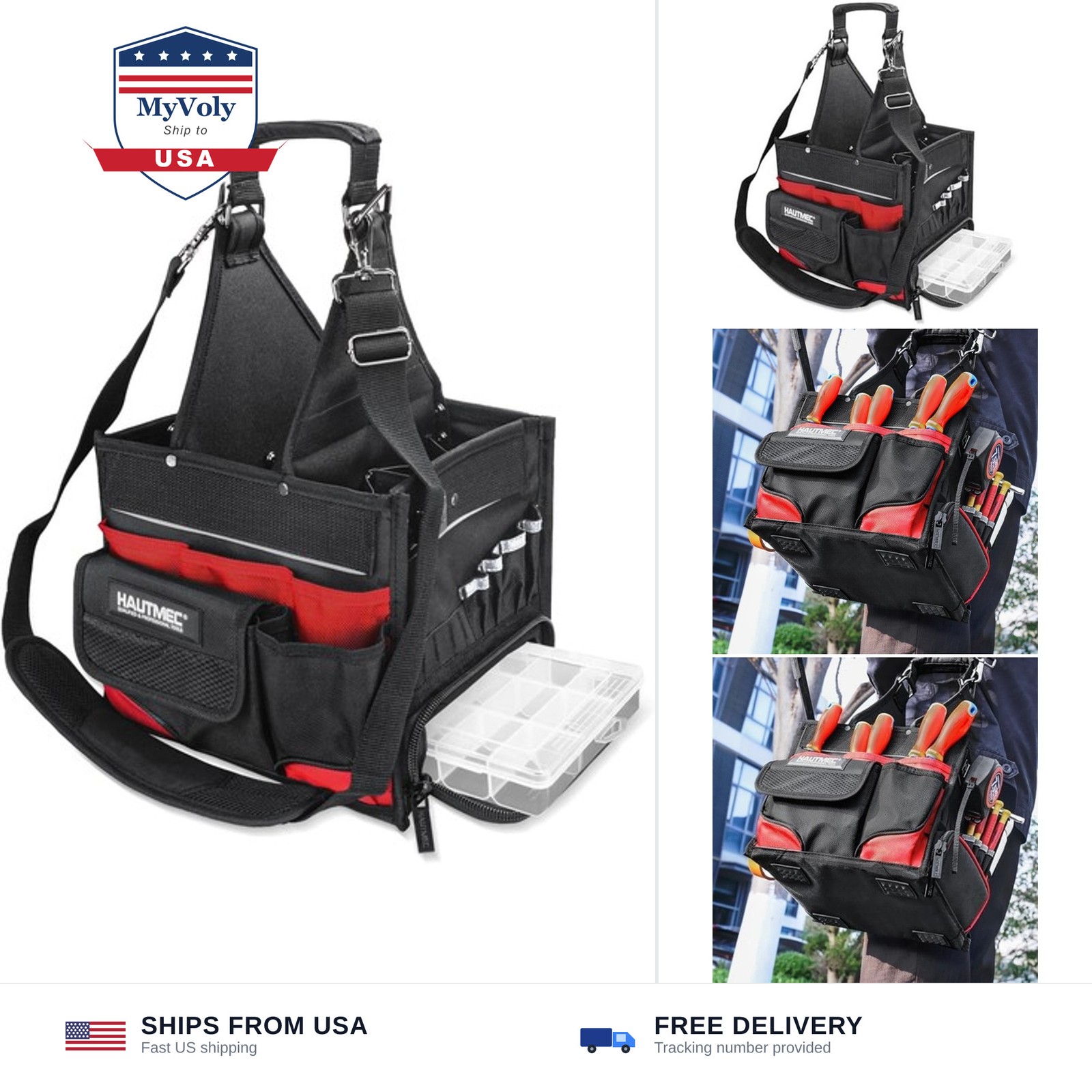 HAUTMEC Heavy Duty Electrician Tool Bag with Removable Parts Tray, 37-Pocket ...