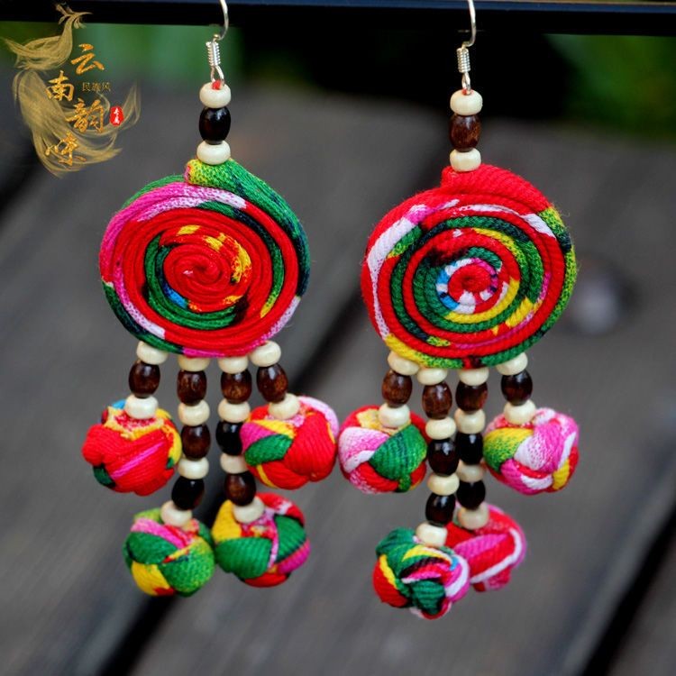 Handmade Fabric Ball Earrings Women Colorful Ethnic Style Dangle Jewelry