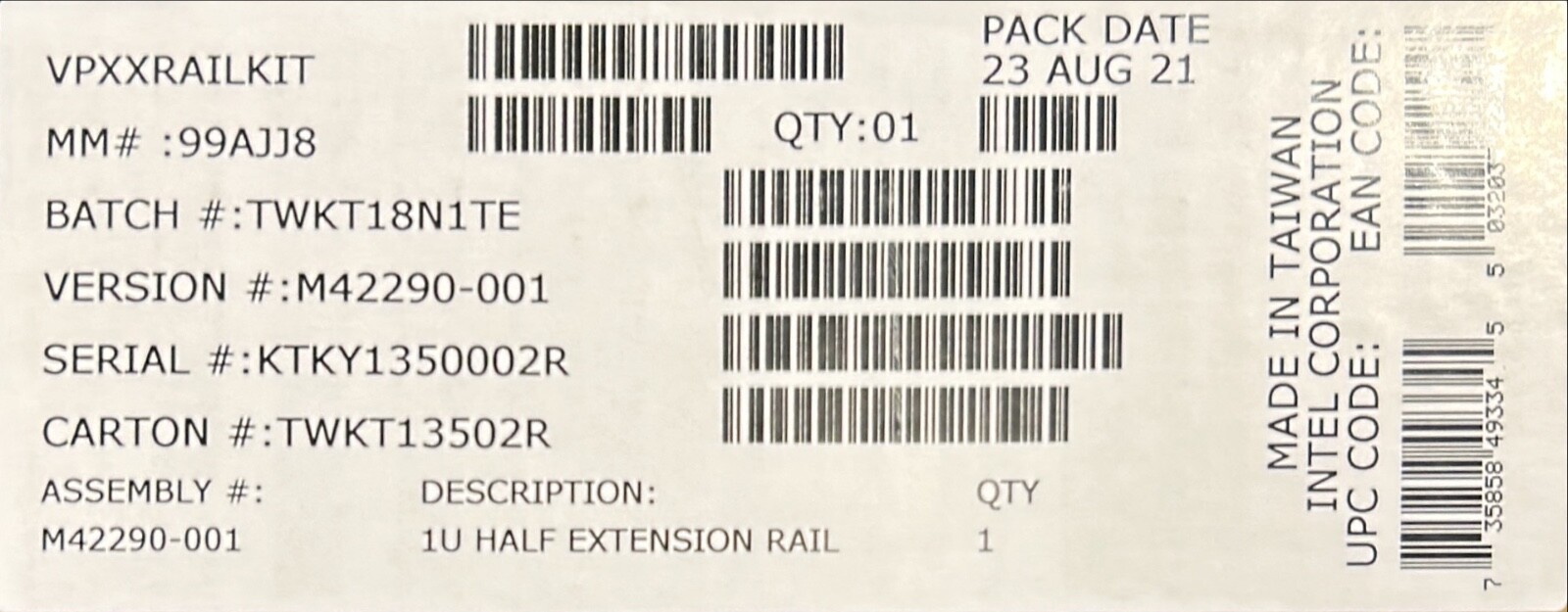 Intel Part Number VPXXRAILKIT Tool Less Rack Rail Mounting Kit
