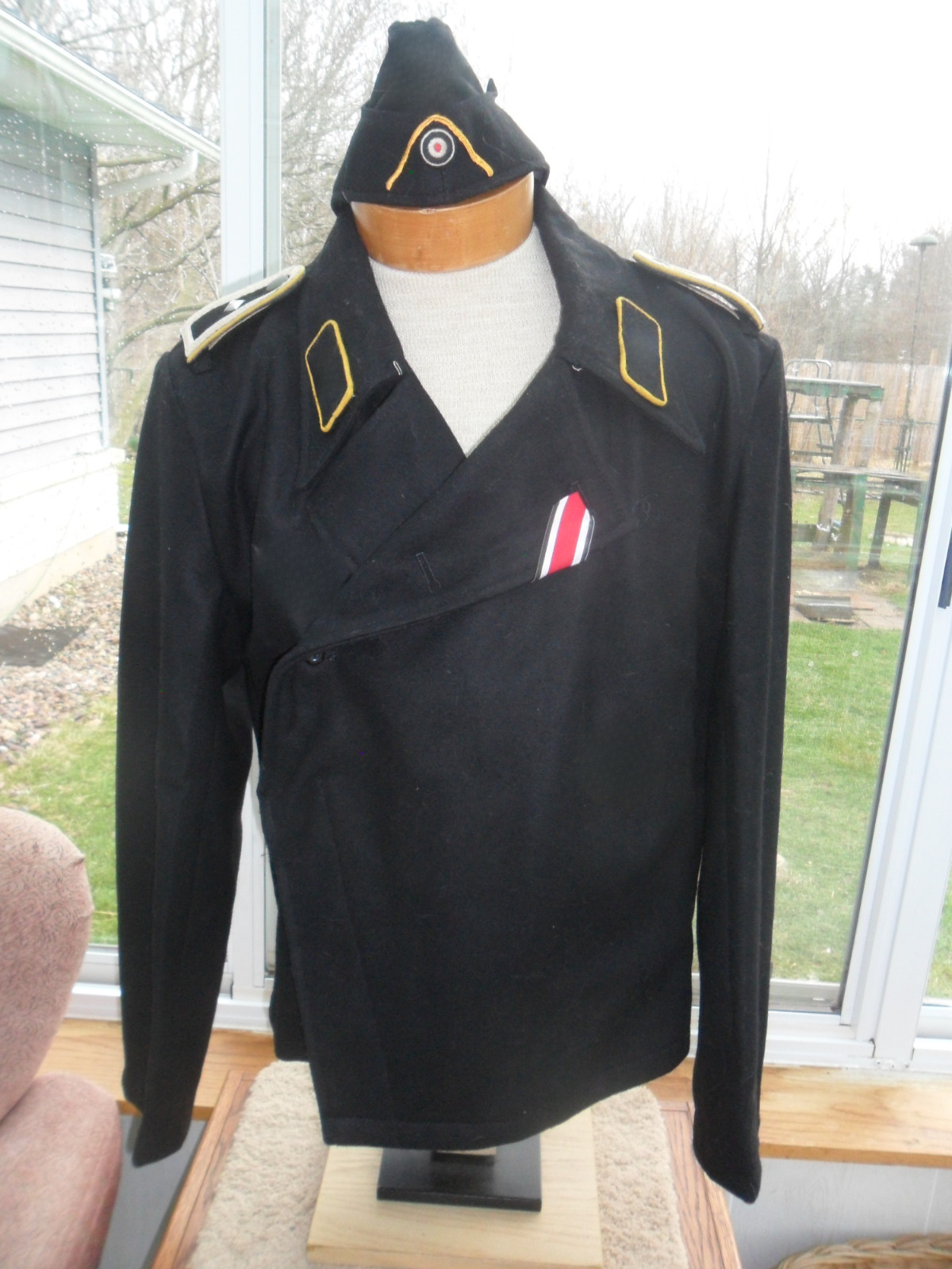 REPRO WWII German Army Heer Black Wool Panzer Uniform Trousers and cap.