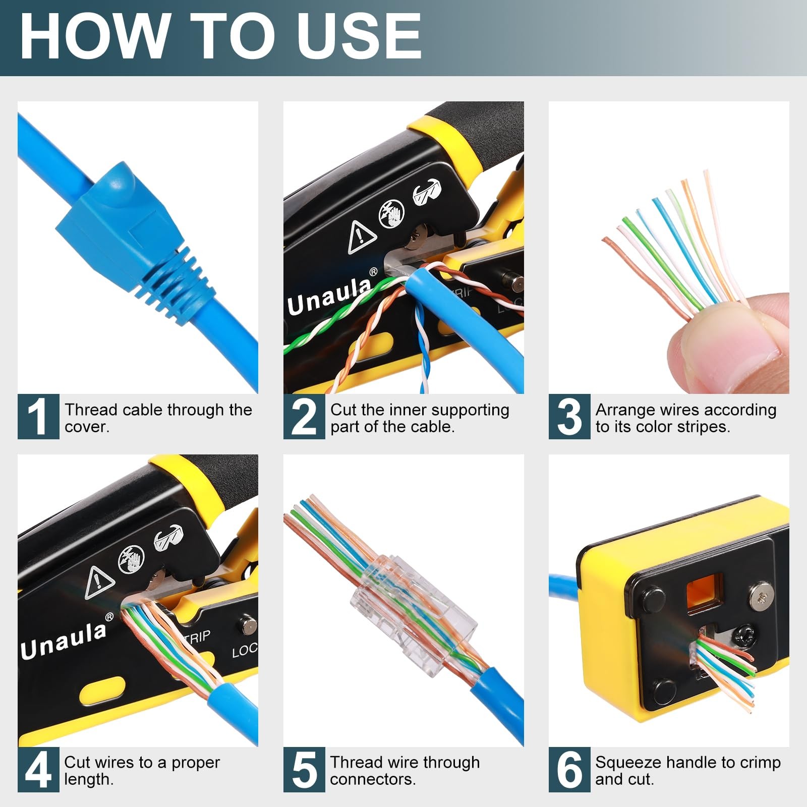 RJ45 Crimp Tool Pass Through Ethernet Crimper Kit Compact, Black & Yellow