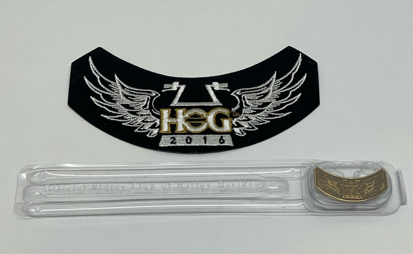 Harley Davidson HOG 2016 PATCH Set Rocker Pin & Patch Embroidered “HOG” NICE!
