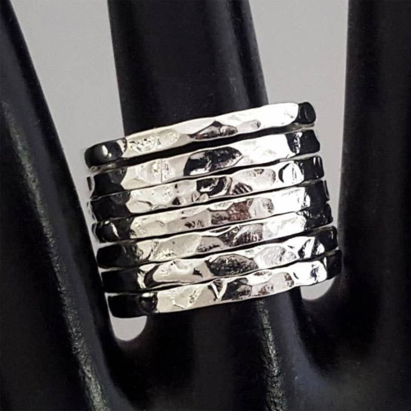 Silver Hammered Statement Seven layered Gypsy Ring Size 8