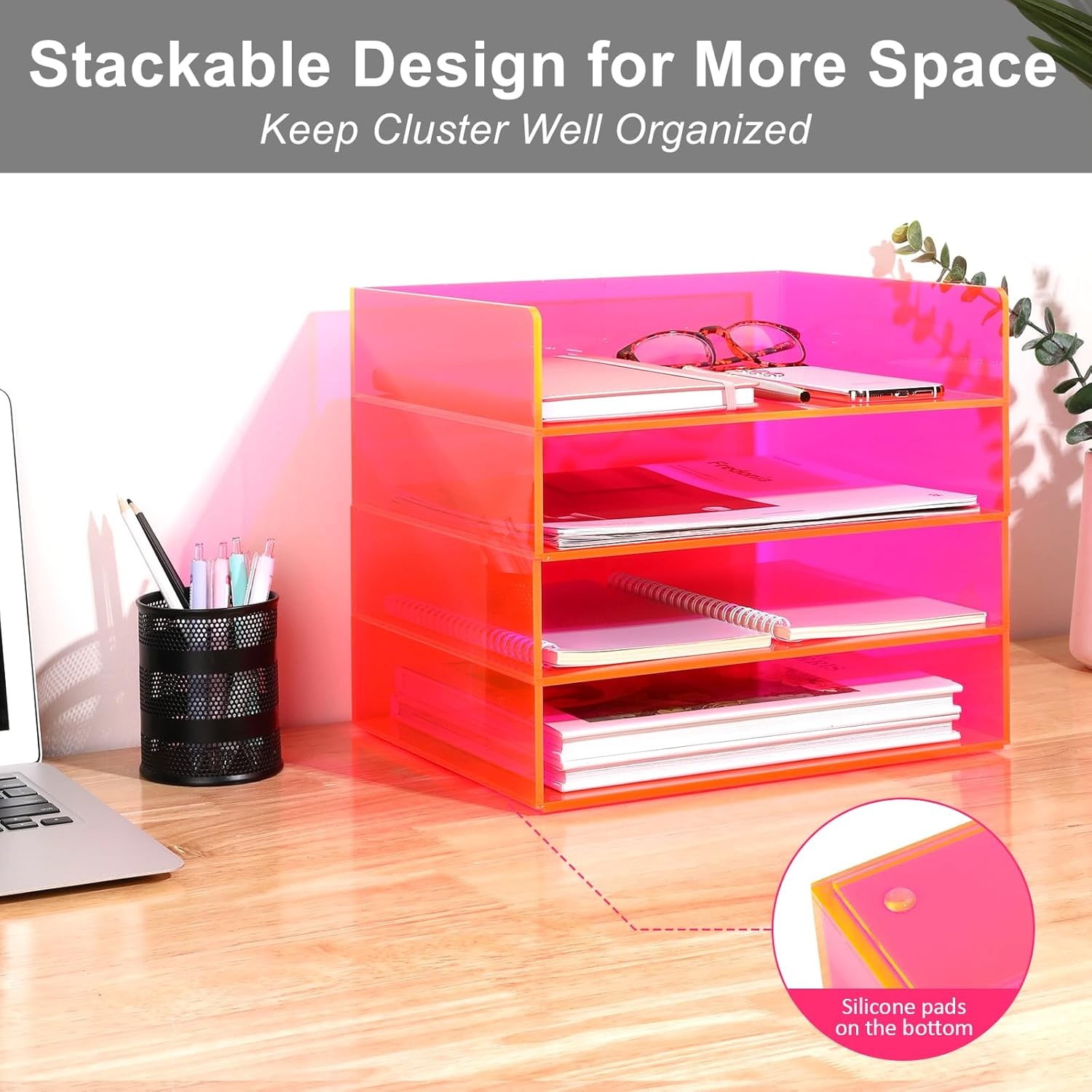 Acrylic File Organizer Desk 4 Tiered Stackable Letter Tray Office Paper Storage