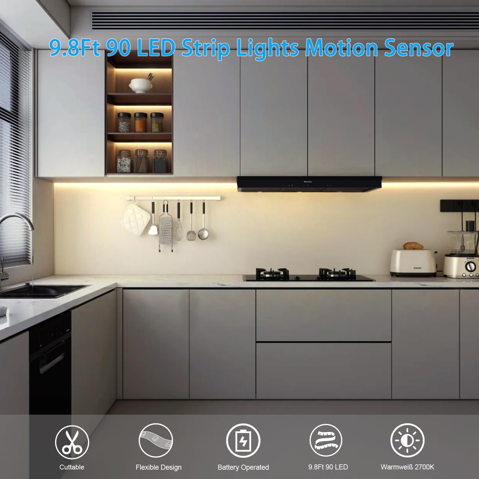 Battery Operated Motion Sensor Cabinet Strip Lights, 9.8Ft 90 LED Under Cabin...