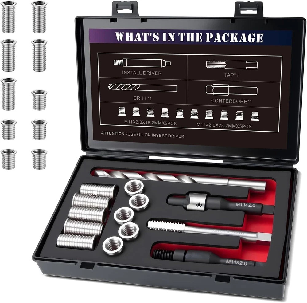 M11X2.0 Metric Thread Repair Kit with Insert HSS Drill, Tap, Installation Driver