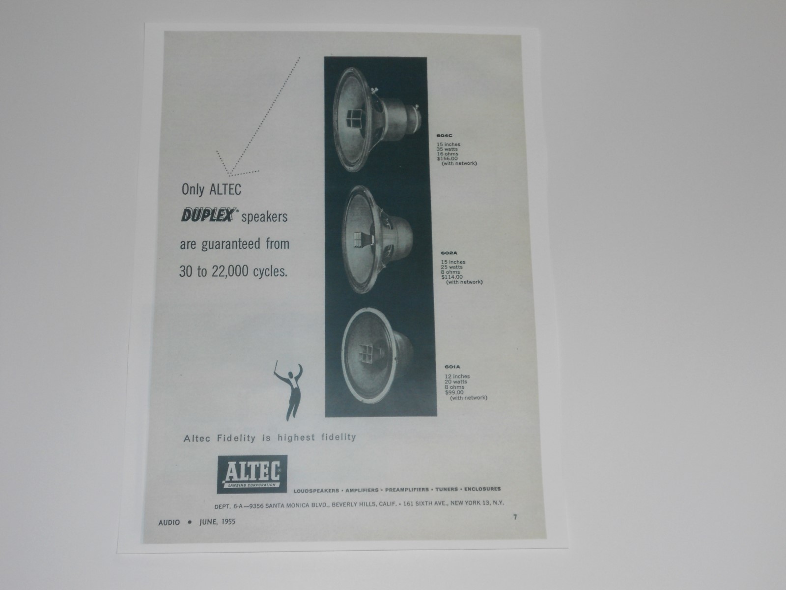 Altec Lansing Duplex Ad, 604c, 602a, 601a, 1955, 1 Page Article + Info