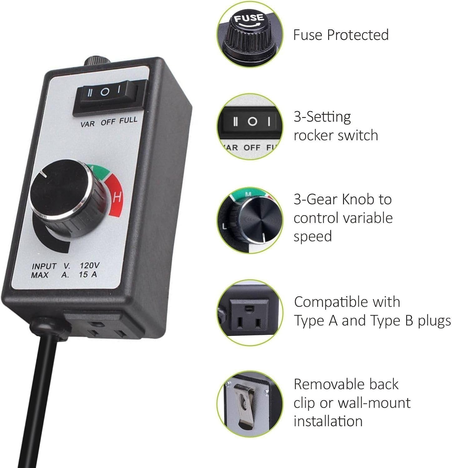 Adjustable 15A Fan Speed Controller with 6' Power Cord - Safe & Efficient