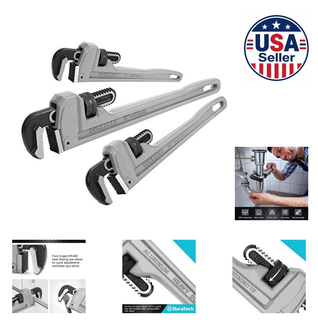 Pipe Wrench Set 3 Piece 10 14 18 Inch Aluminum Heavy Duty Adjustable Plumbing