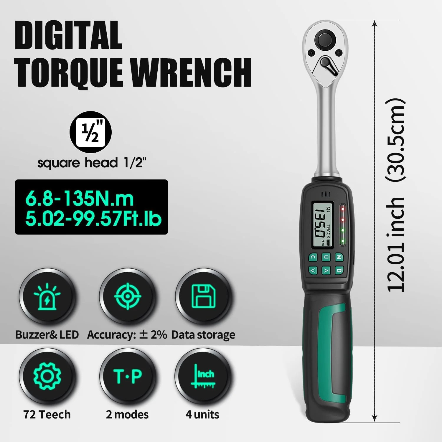 1/2" Digital Torque Wrench ±2% Accuracy (5-99.5 ft-lb) - Buzzer/LED Overload Ale