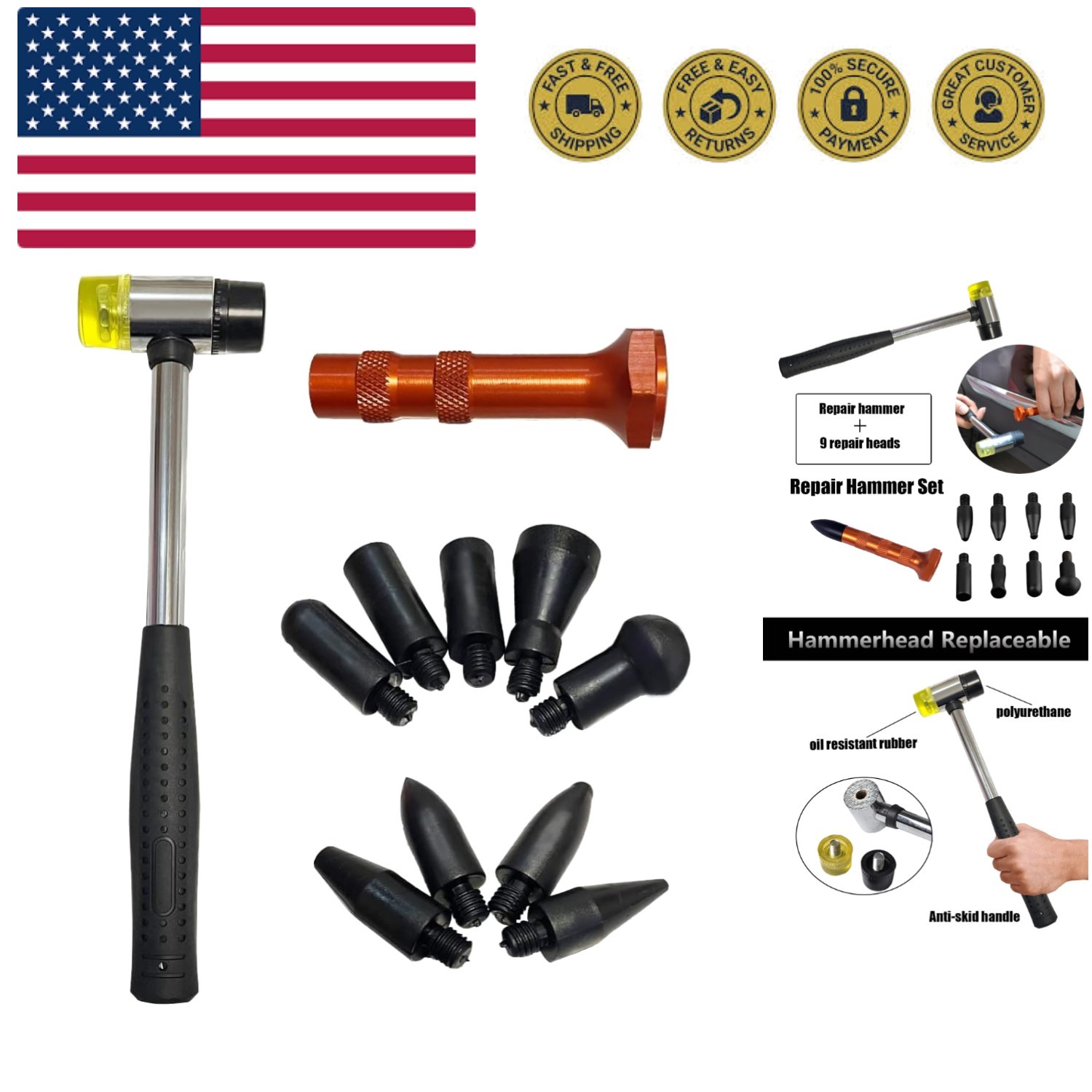 10Pcs Dent Repair Tool Kits inclued Rubber Hammer and 9 Pcs Heads Tap Down To...