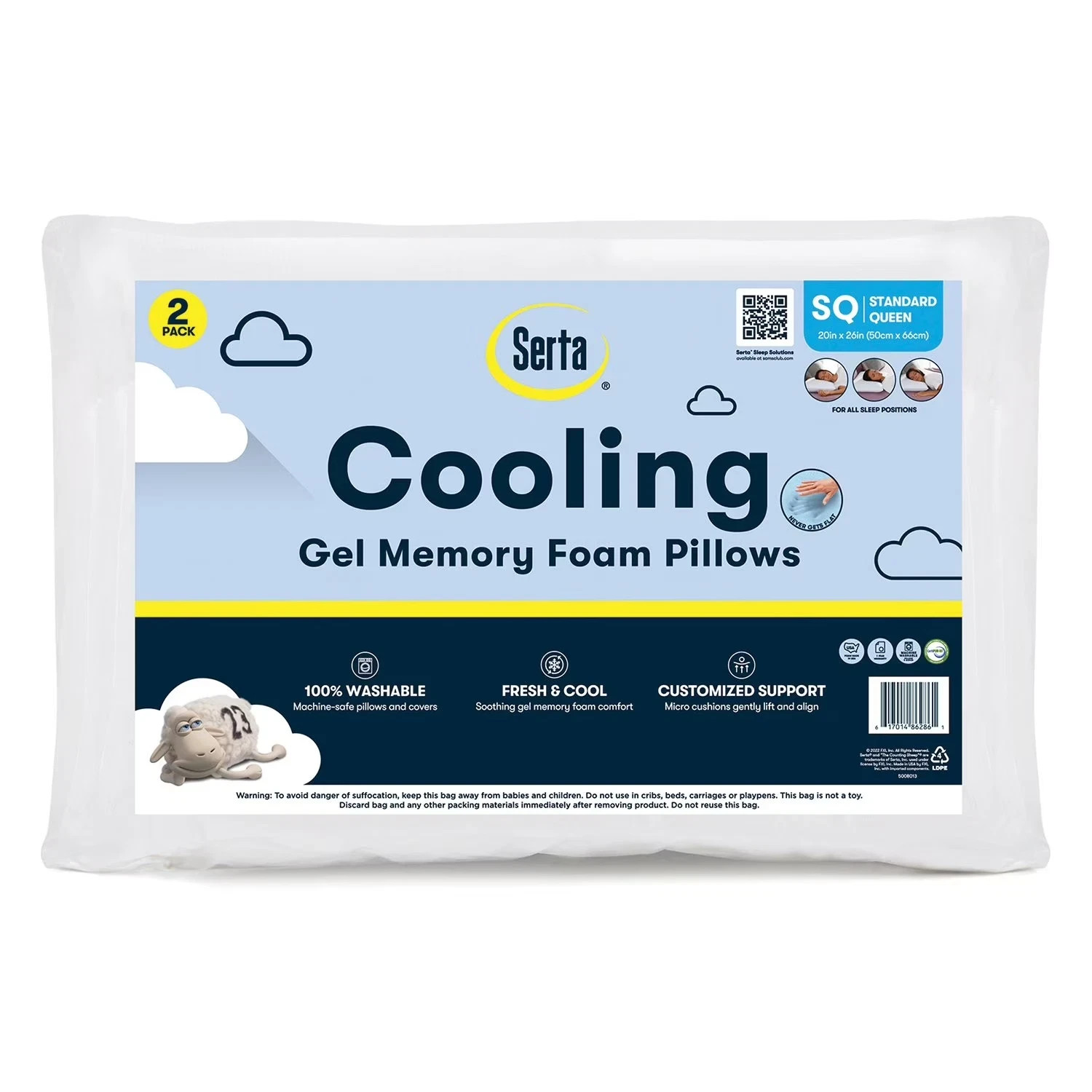 Serta Gel Memory Foam Cluster Pillows 2 Pack Cooling Soft Support Neck Pillow