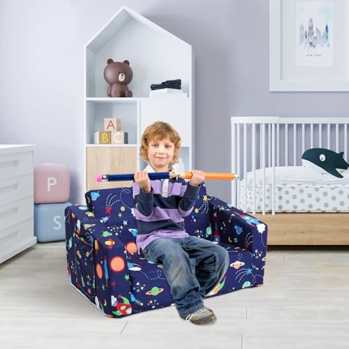 Kids Couch Convertible Sofa to Lounger for Toddler Boy, Foldable 2-in-1 Rocket