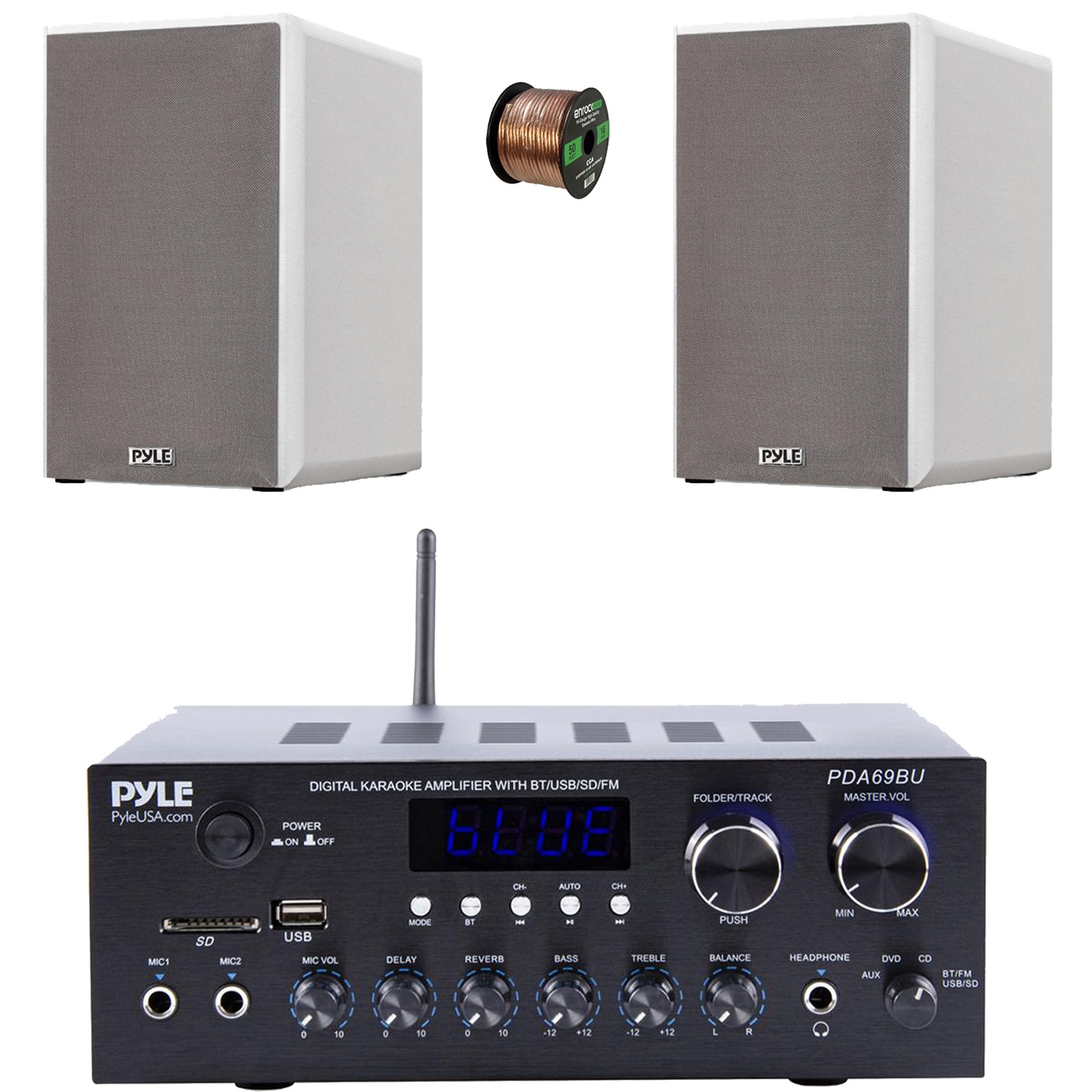 Pyle PDA69BU Bluetooth Stereo Receiver, 2x 6.5” 240W Compact HiFi Speakers, Wire