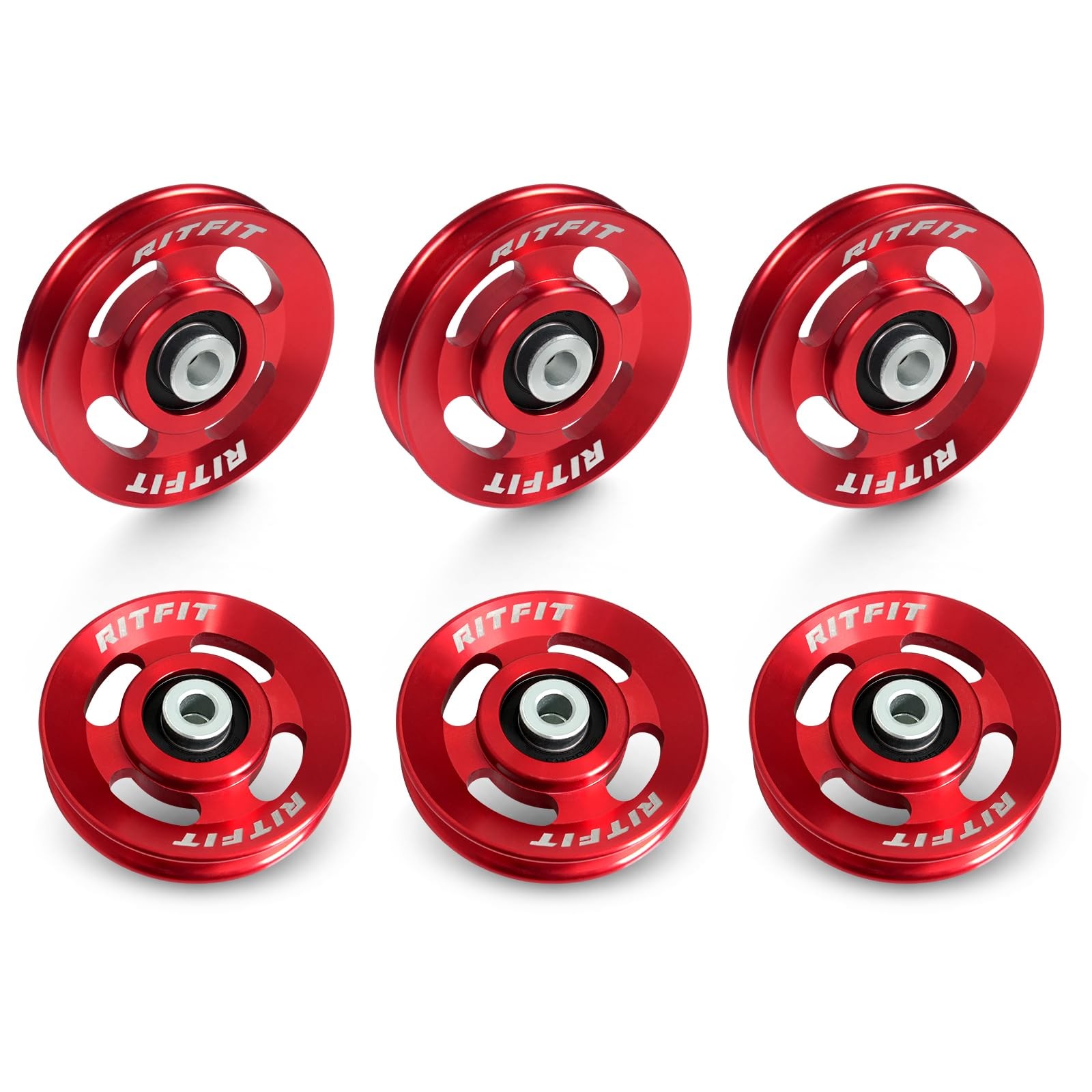 RitFit 90mm Red Aluminum Pulley Wheels with Dual-Sealed Bearings,6-Pack