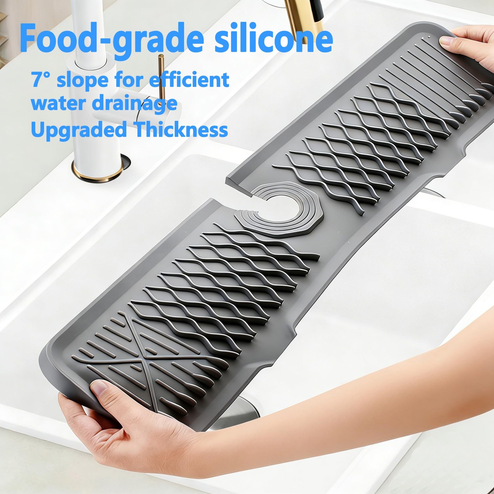 24 Inch Silicone Faucet Mat for Kitchen Sink, 7° Slope Fast Self-Draining Sin...