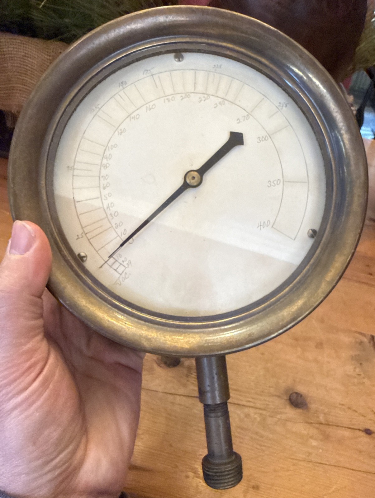 Antique brass vacuum gauge. Brass 8"+ dial ready for restoration