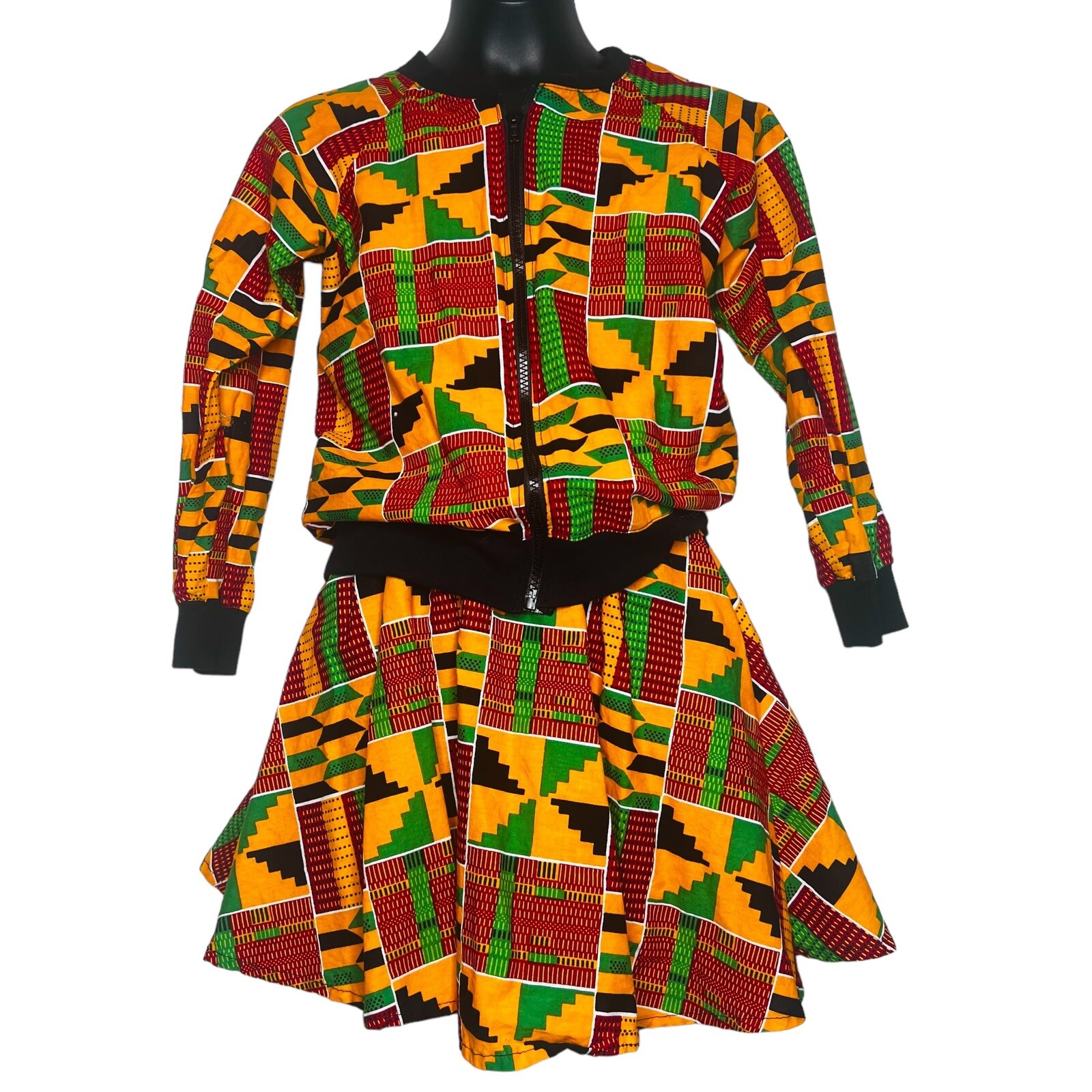 Orange & Multicolor Ghana African Print Girl Jacket & Skirt Set ￼