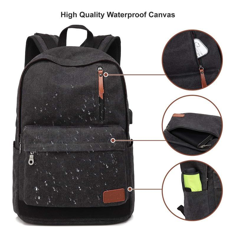 UNIWALK Canvas Laptop Backpack, Waterproof Vintage Backpack With USB Black