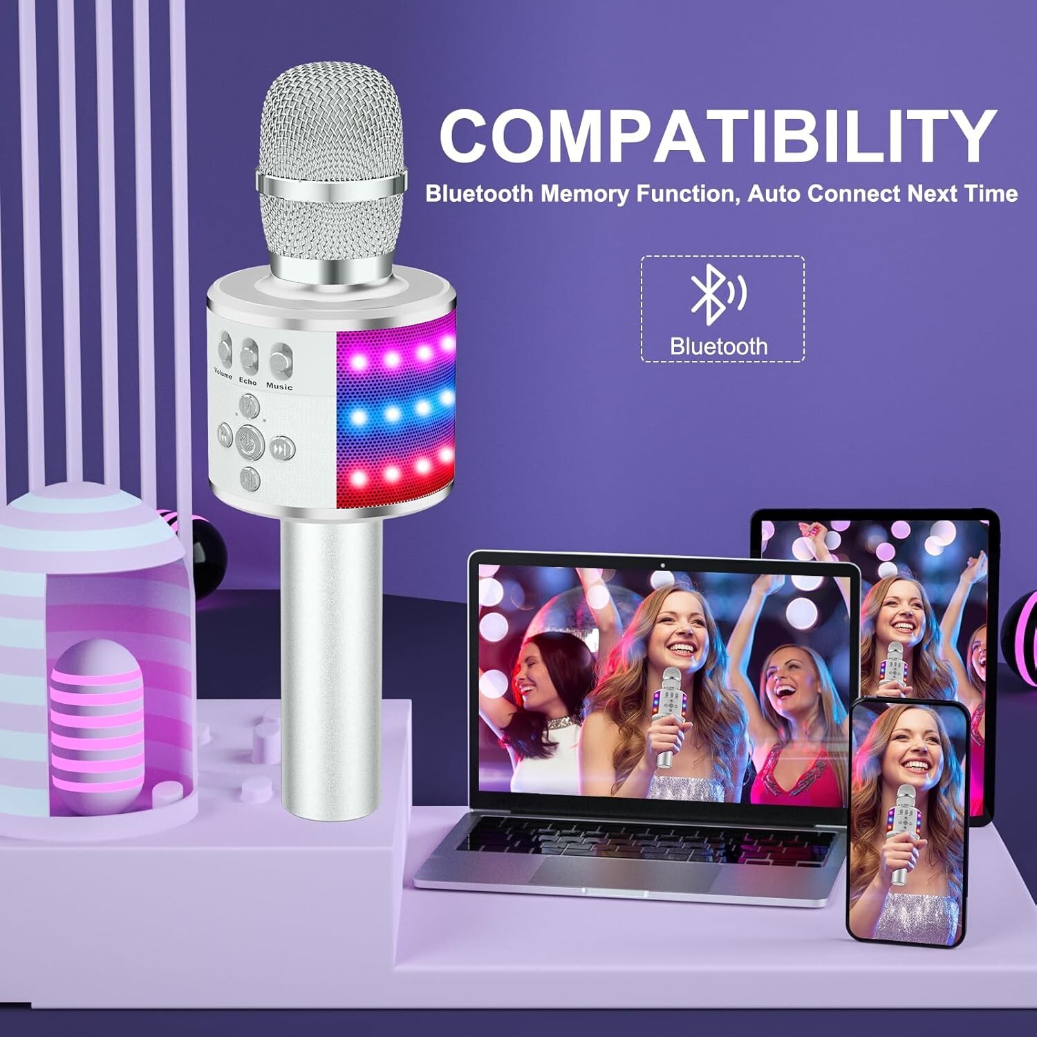 Compact Bluetooth Karaoke Microphone with Colorful LED Lights - Silver Edition