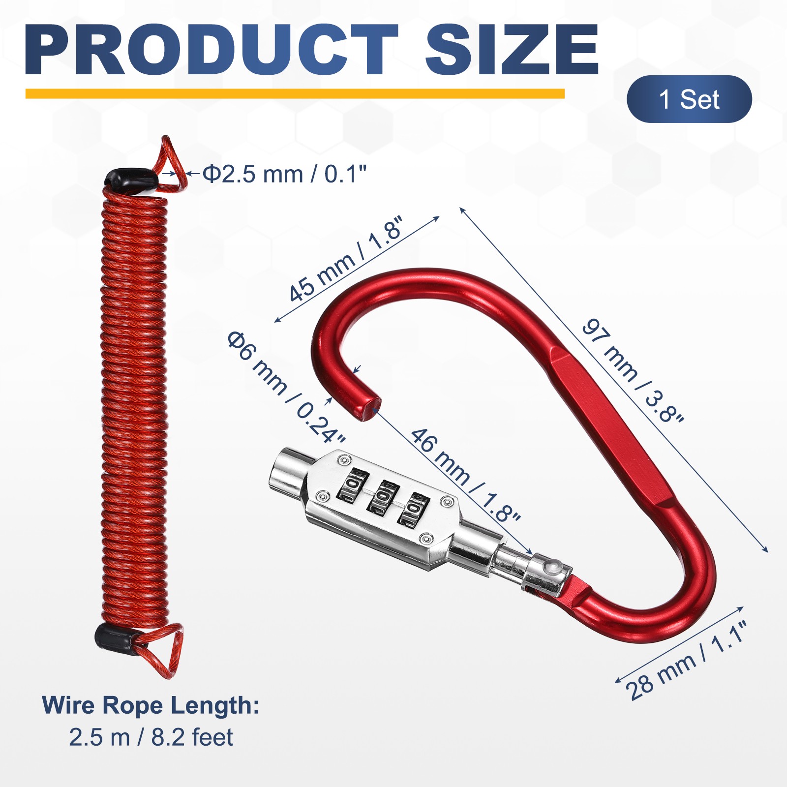 8.2Ft Security Cable Lock Steel Safety Cable with 3.8" Combination Lock Red
