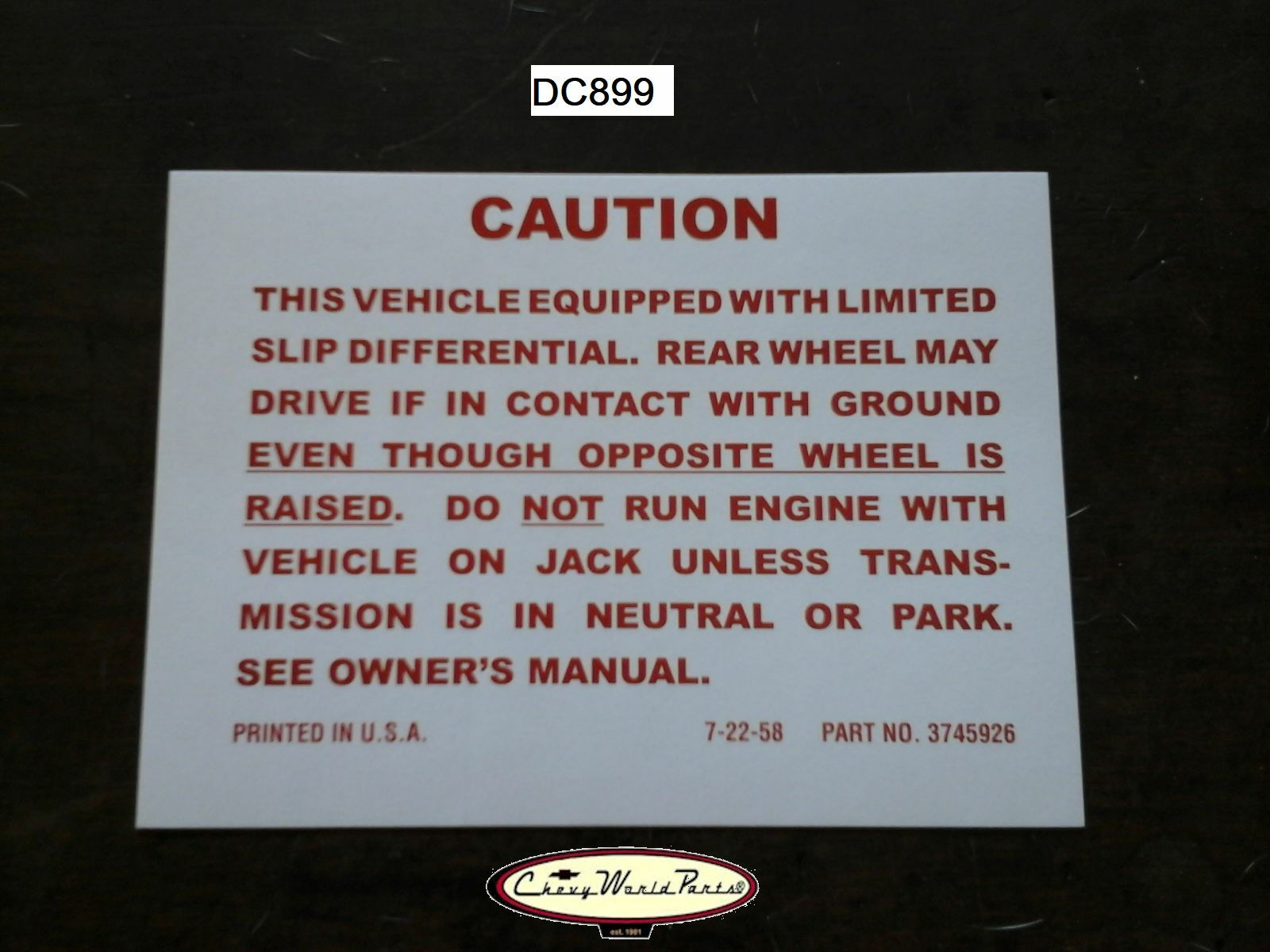 64 - 71 CHEVROLET CHEVELLE POSITRACTION POSI DECAL