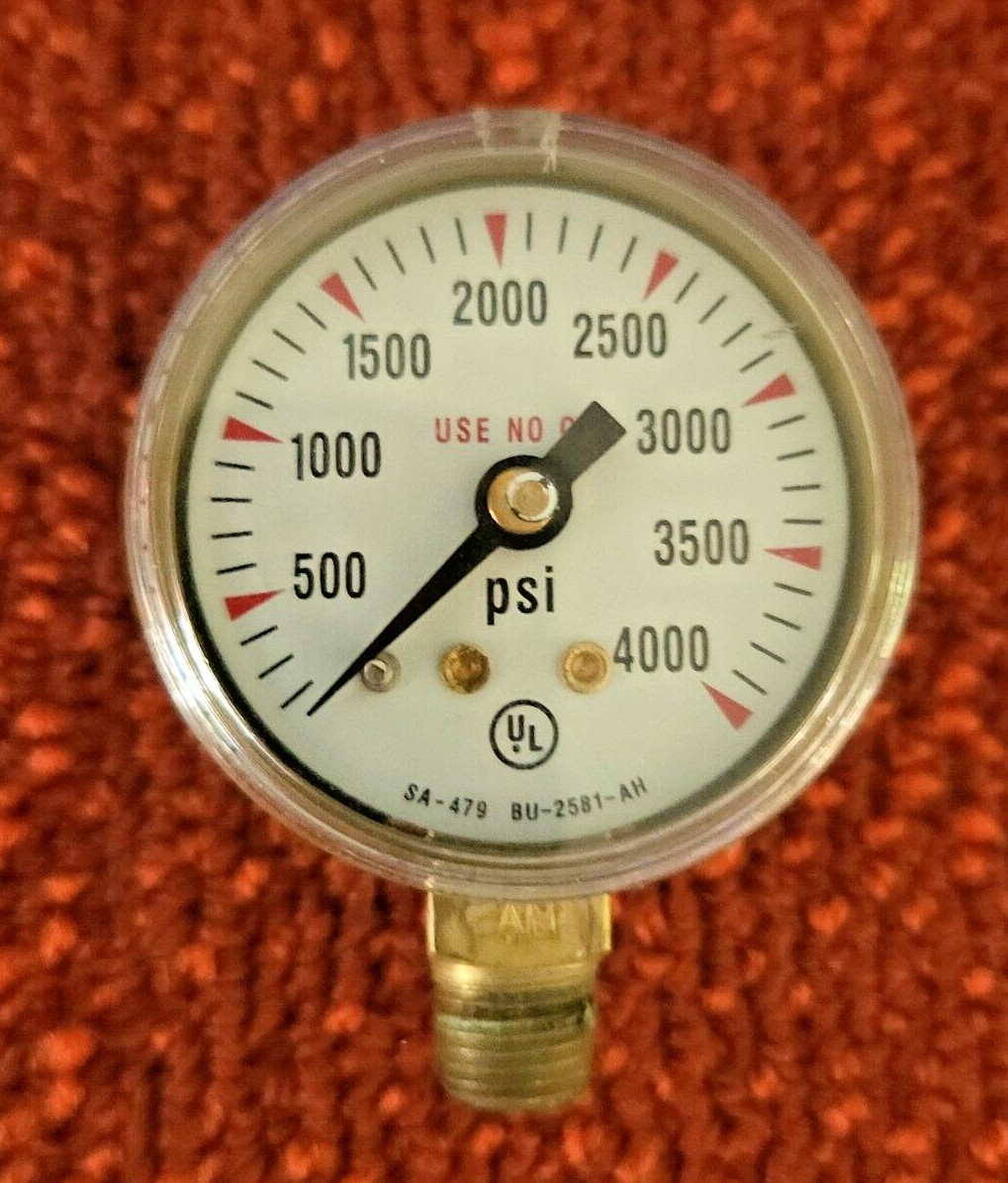Oxygen Tank Pressure Gauge 1-1/2" 0-4000psi SA-479, BU-2581-AH Male 1/8 NPT
