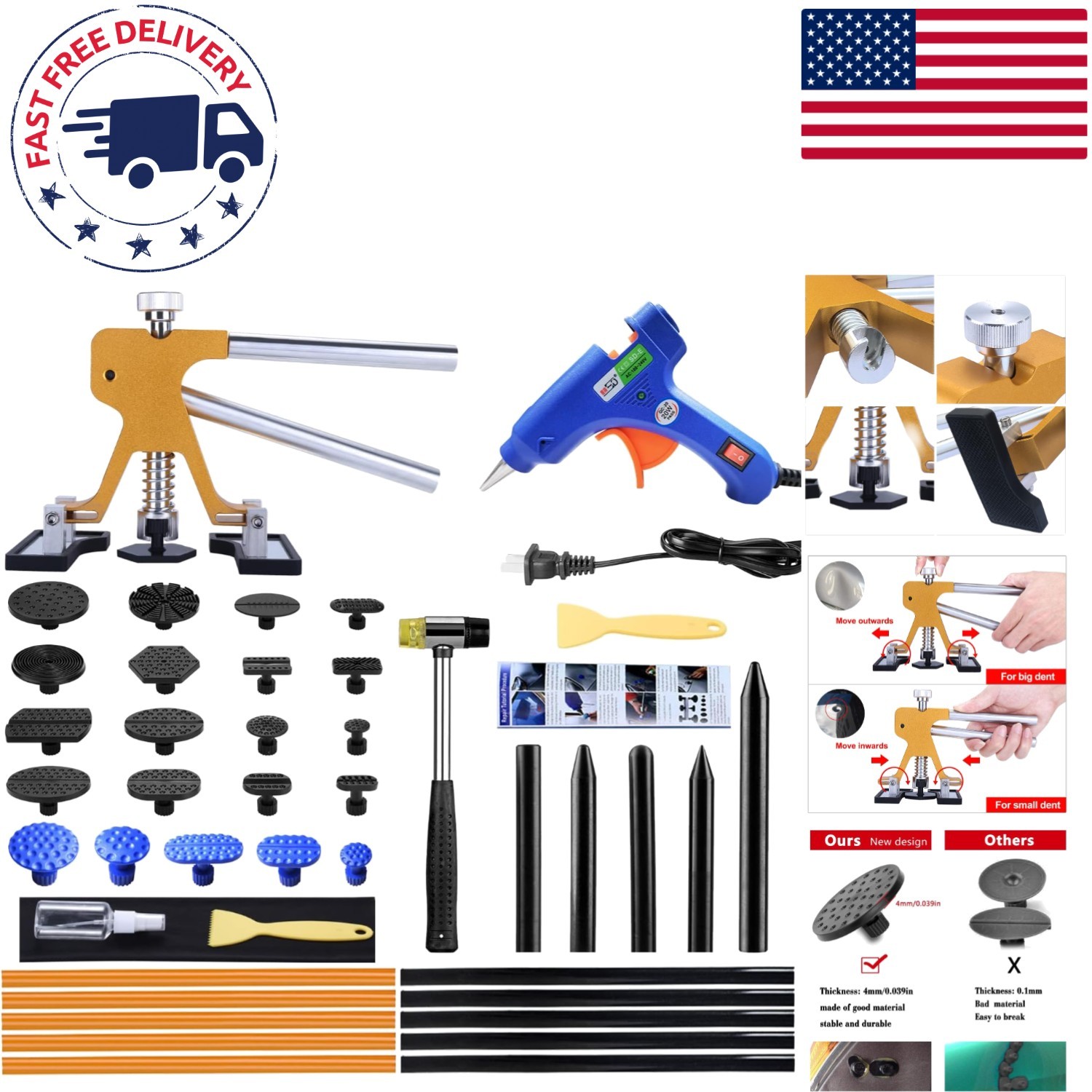 Auto Dent Puller Kit - Adjustable Gold Tools for Easy Paintless Repair