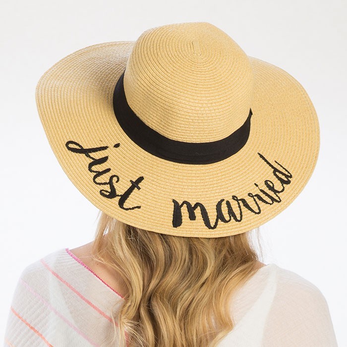Just Married Embroidered Floppy Straw Sun Hat Bridal Beach Honeymoon Wide Brim