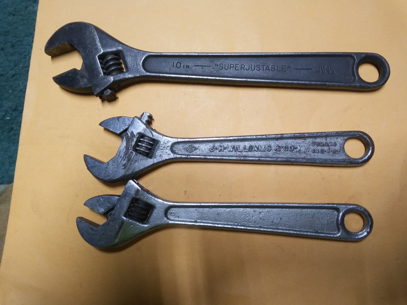 3 EA J.H. ARMSTRONG ADJUSTABLE WRENCHES : AB-10 & 2EA 8" SUPERADJUSTABLE NICE